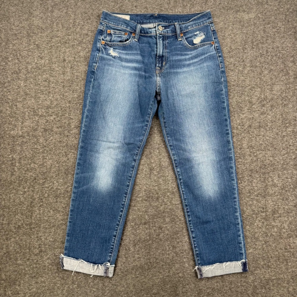 Gap Girlfriend Mid Rise Distressed Cuffed Medium Wash Blue Jeans Womens 27 Crop